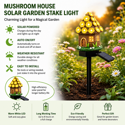 🍄Solar Fairy Tale Mushroom Cottage Garden Light – Whimsical Warm Glow for Paths, Patios & Flower Beds🌙
