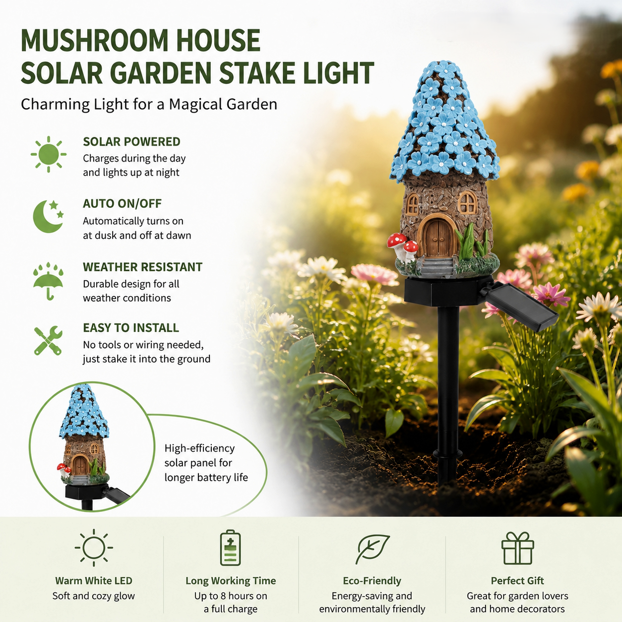 🍄Solar Fairy Tale Mushroom Cottage Garden Light – Whimsical Warm Glow for Paths, Patios & Flower Beds🌙