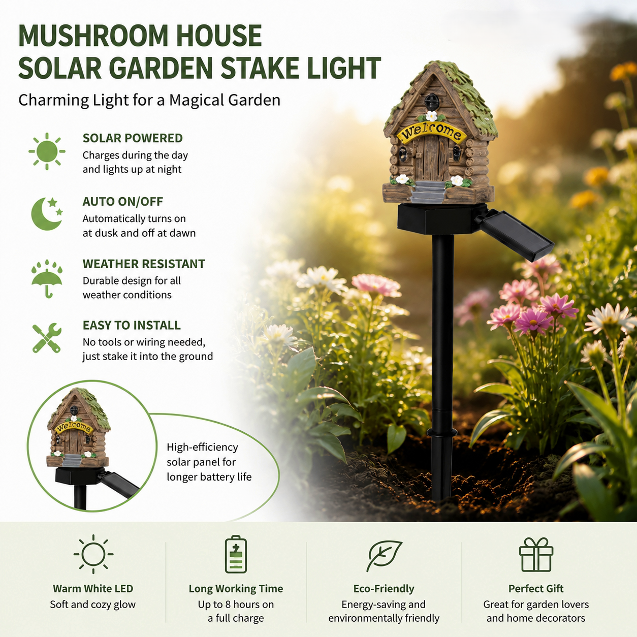 🍄Solar Fairy Tale Mushroom Cottage Garden Light – Whimsical Warm Glow for Paths, Patios & Flower Beds🌙