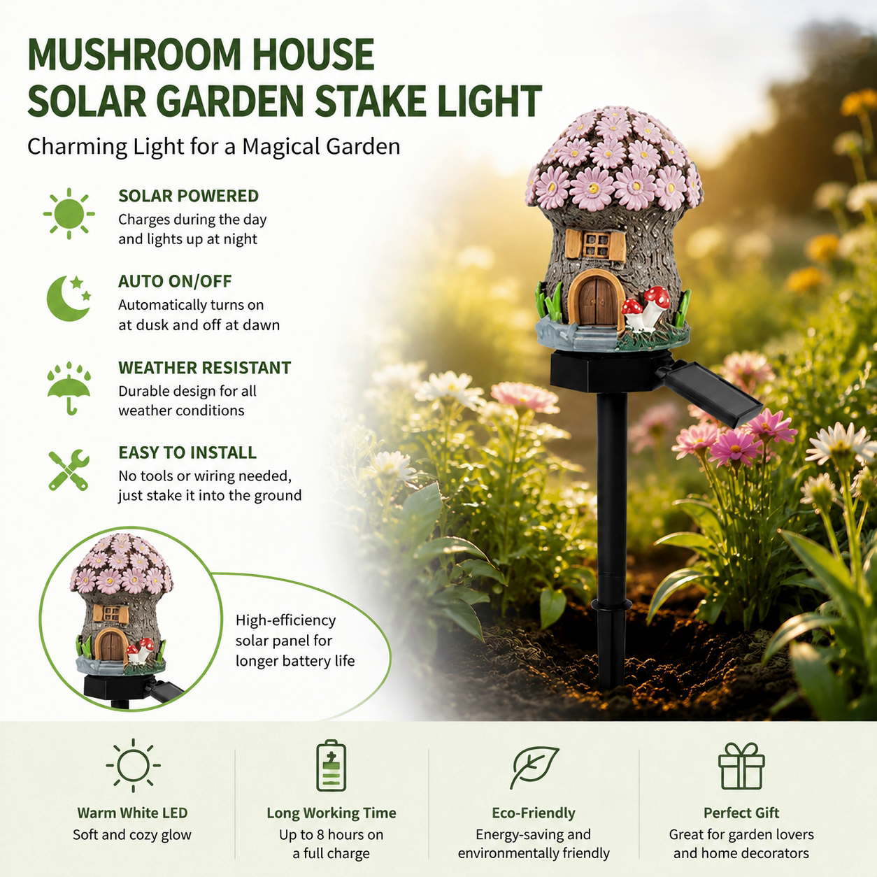 🍄Solar Fairy Tale Mushroom Cottage Garden Light – Whimsical Warm Glow for Paths, Patios & Flower Beds🌙