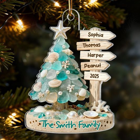 3D Sea Glass Effect Christmas Tree Sign Posts - Personalized Acrylic Ornament - Coastal Vibe Christmas Gift