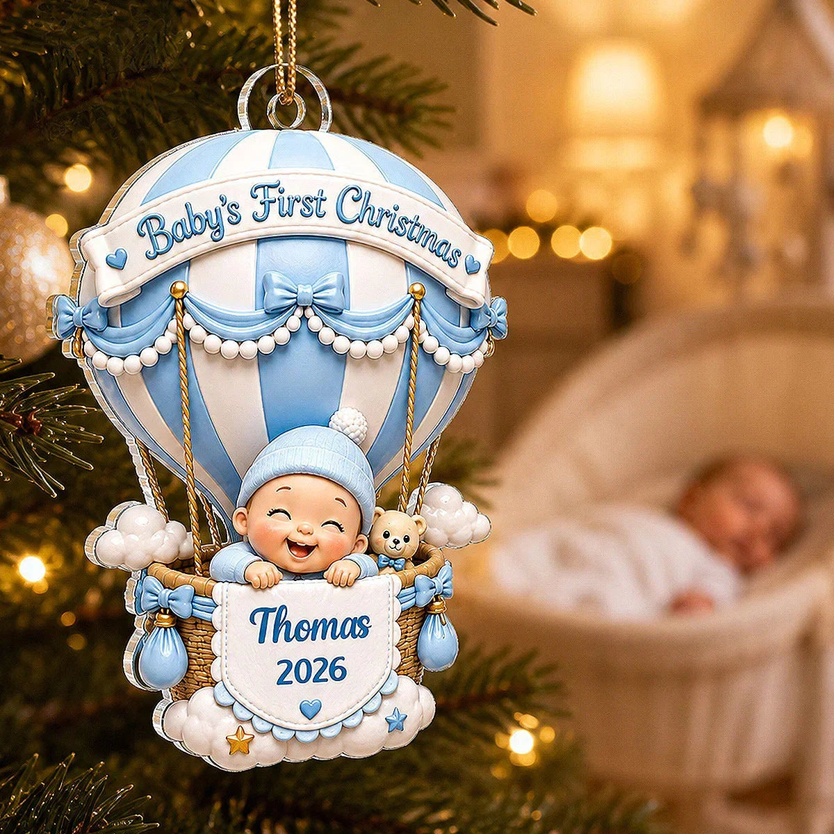 Personalized Acrylic Ornament, Baby's First Christmas Hot Air Balloon