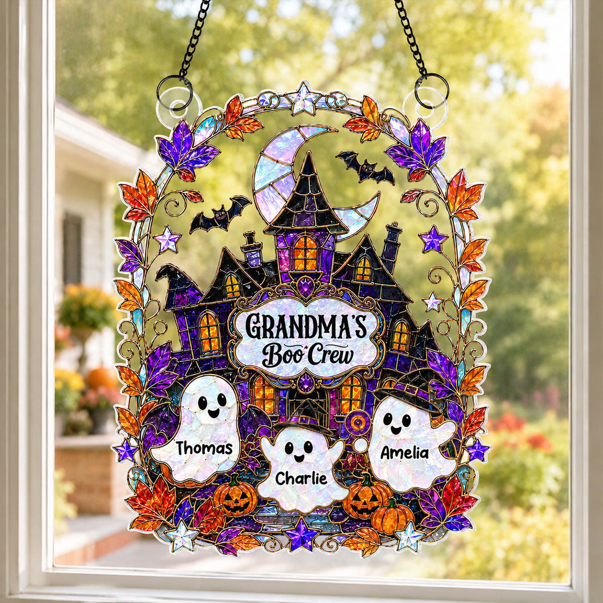 Whimsical Grandma's Boo Crew Haunted House - Personalized Acrylic Suncatcher - Halloween Decoration For Grandma