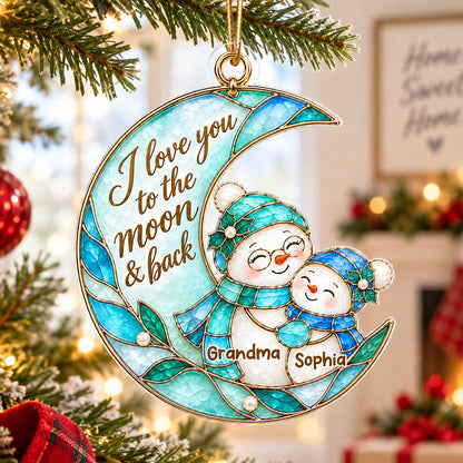 Grandma Grandkid Snowman On Moon - Personalized Acrylic Ornament - Christmas Gift For Grandkids, Grandma