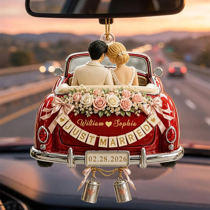 Personalized Just Married Car Ornament – Custom Bride & Groom Wedding Keepsake