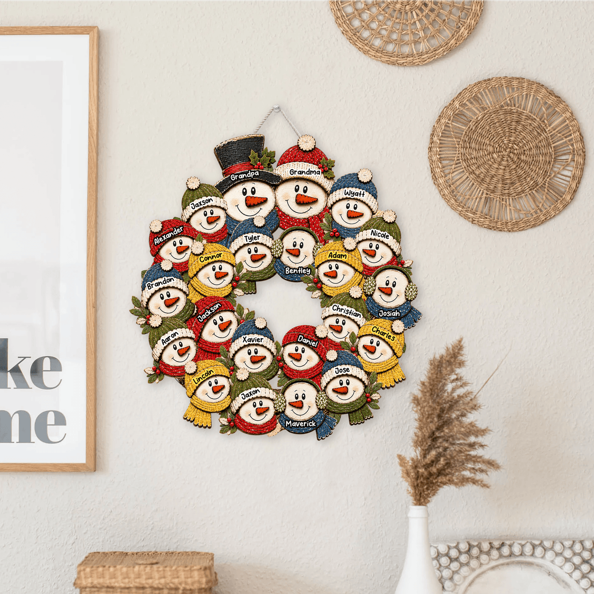Grandma & Grandpa Snowman Wreath – Personalized Christmas Wood Sign
