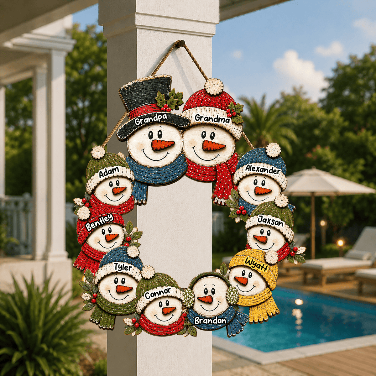 Grandma & Grandpa Snowman Wreath – Personalized Christmas Wood Sign