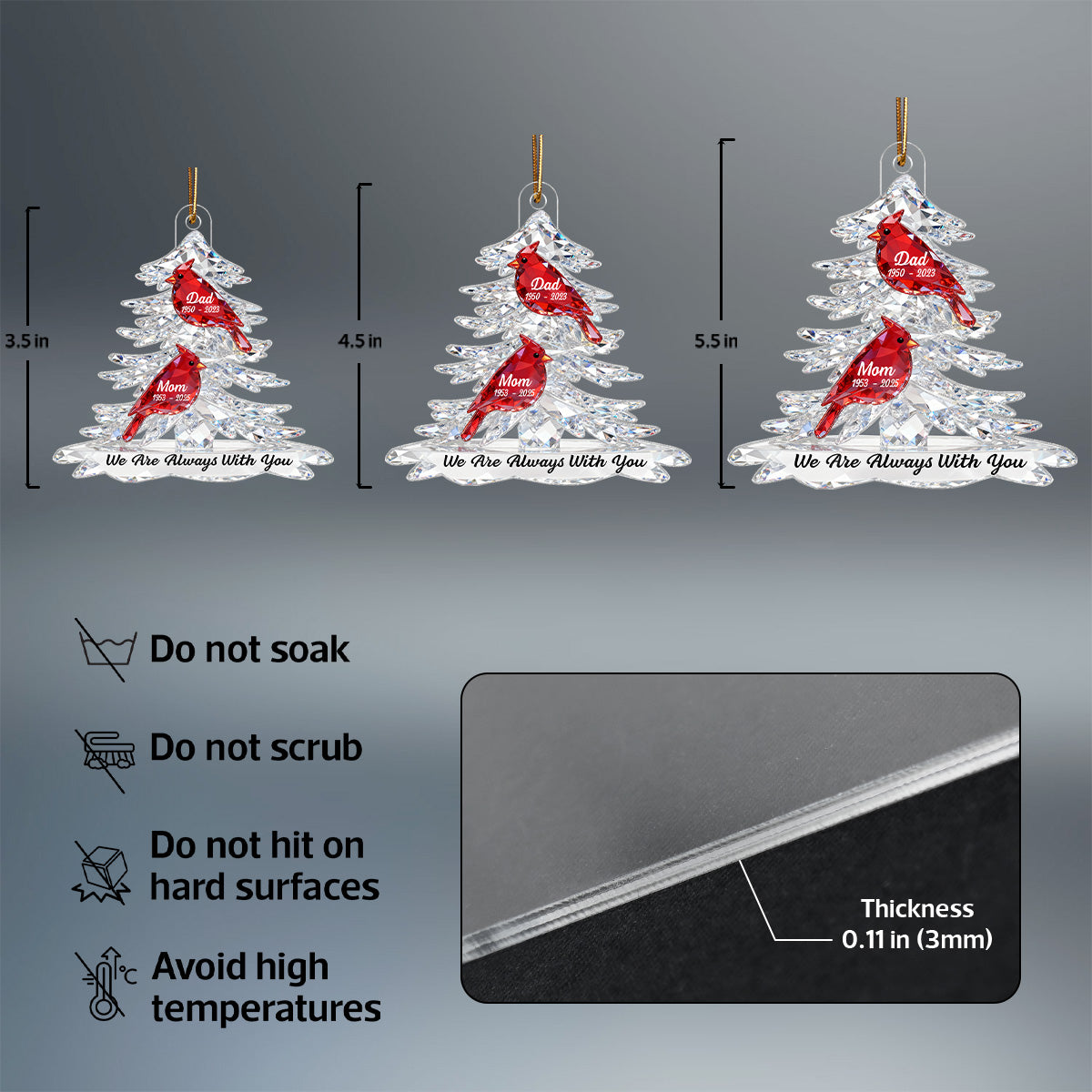 3D Effect Cardinals Memorial - Personalized Acrylic Ornament - Remembrance Gift, Sympathy Gift For Whole Family, Extended Family