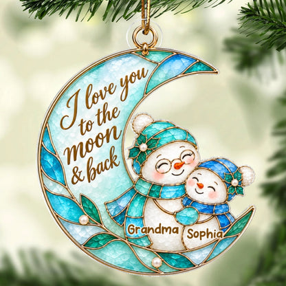 Grandma Grandkid Snowman On Moon - Personalized Acrylic Ornament - Christmas Gift For Grandkids, Grandma