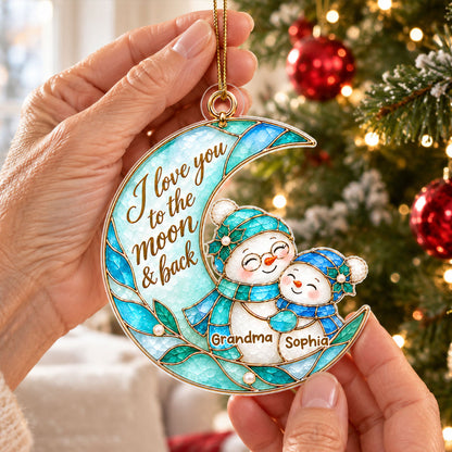 Grandma Grandkid Snowman On Moon - Personalized Acrylic Ornament - Christmas Gift For Grandkids, Grandma