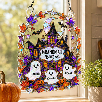 Whimsical Grandma's Boo Crew Haunted House - Personalized Acrylic Suncatcher - Halloween Decoration For Grandma