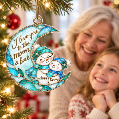 Grandma Grandkid Snowman On Moon - Personalized Acrylic Ornament - Christmas Gift For Grandkids, Grandma