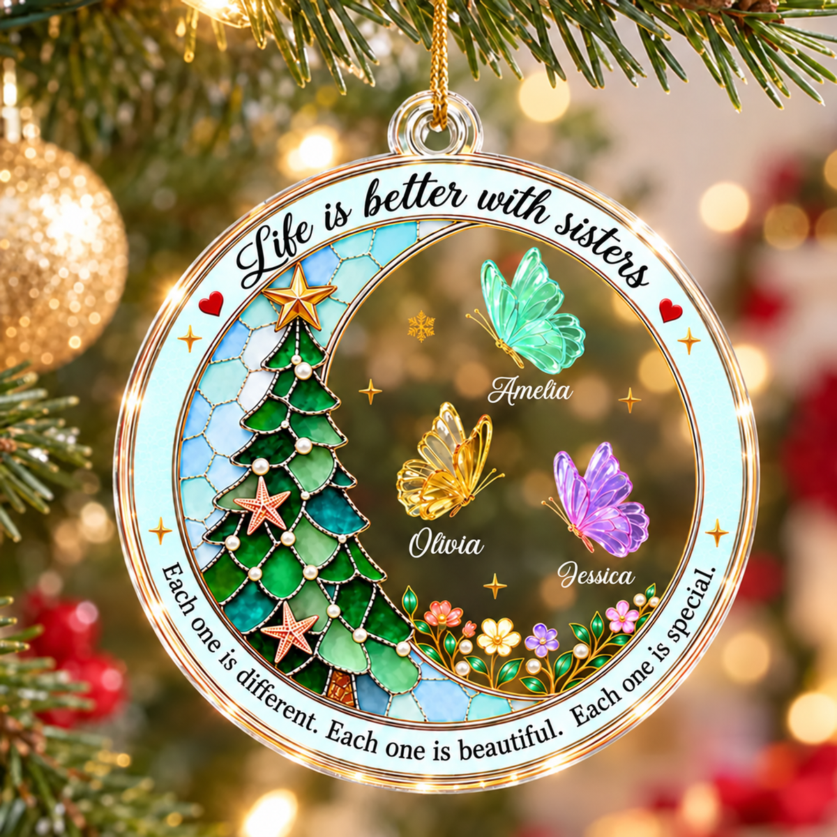 Personalized Sisters Christmas Ornament, Custom Butterfly Names Acrylic Ornament, Life Is Better With Sisters Gift, Christmas Tree Decoration Ornament