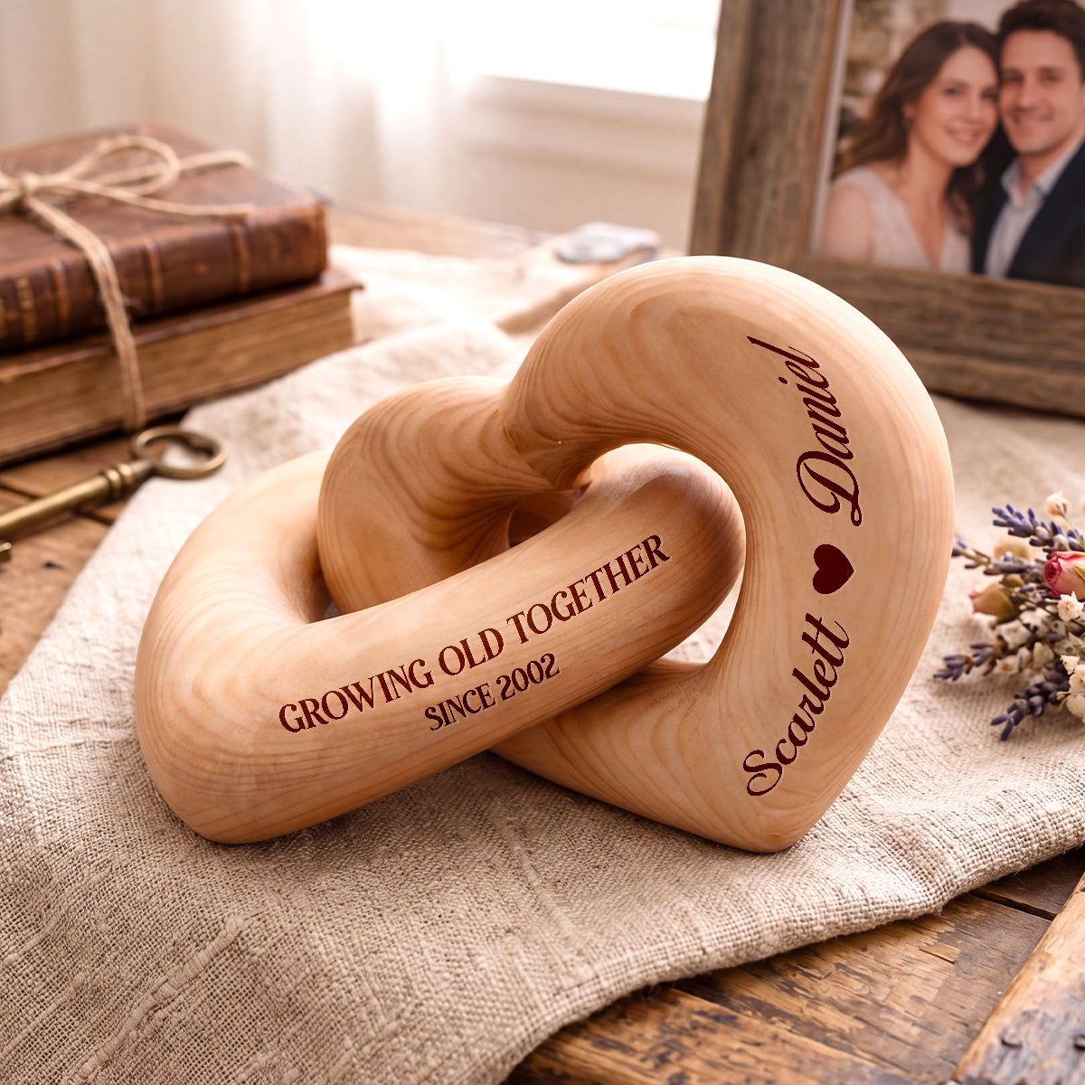 Growing Old Together - Personalized Interlocking Wooden Hearts