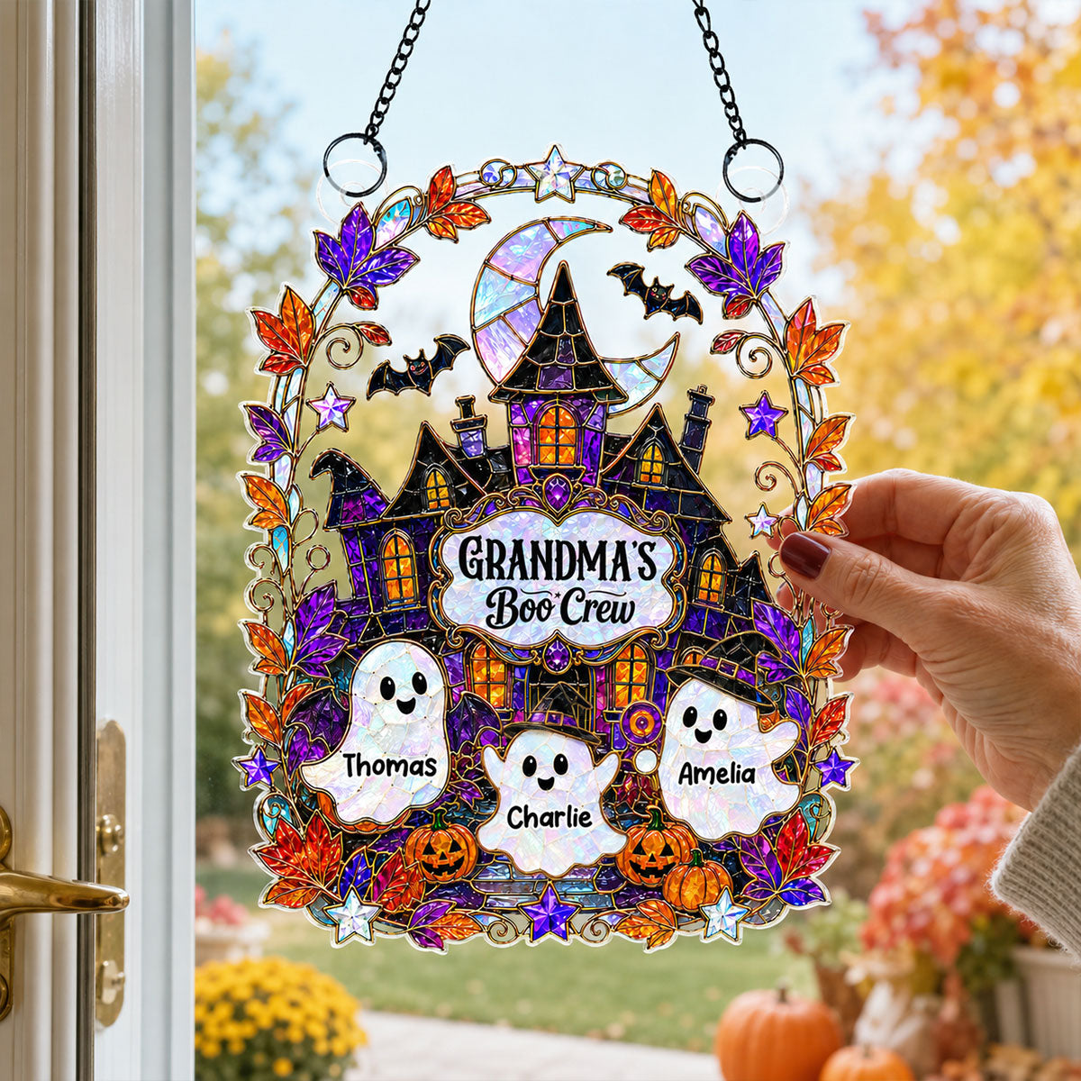 Whimsical Grandma's Boo Crew Haunted House - Personalized Acrylic Suncatcher - Halloween Decoration For Grandma
